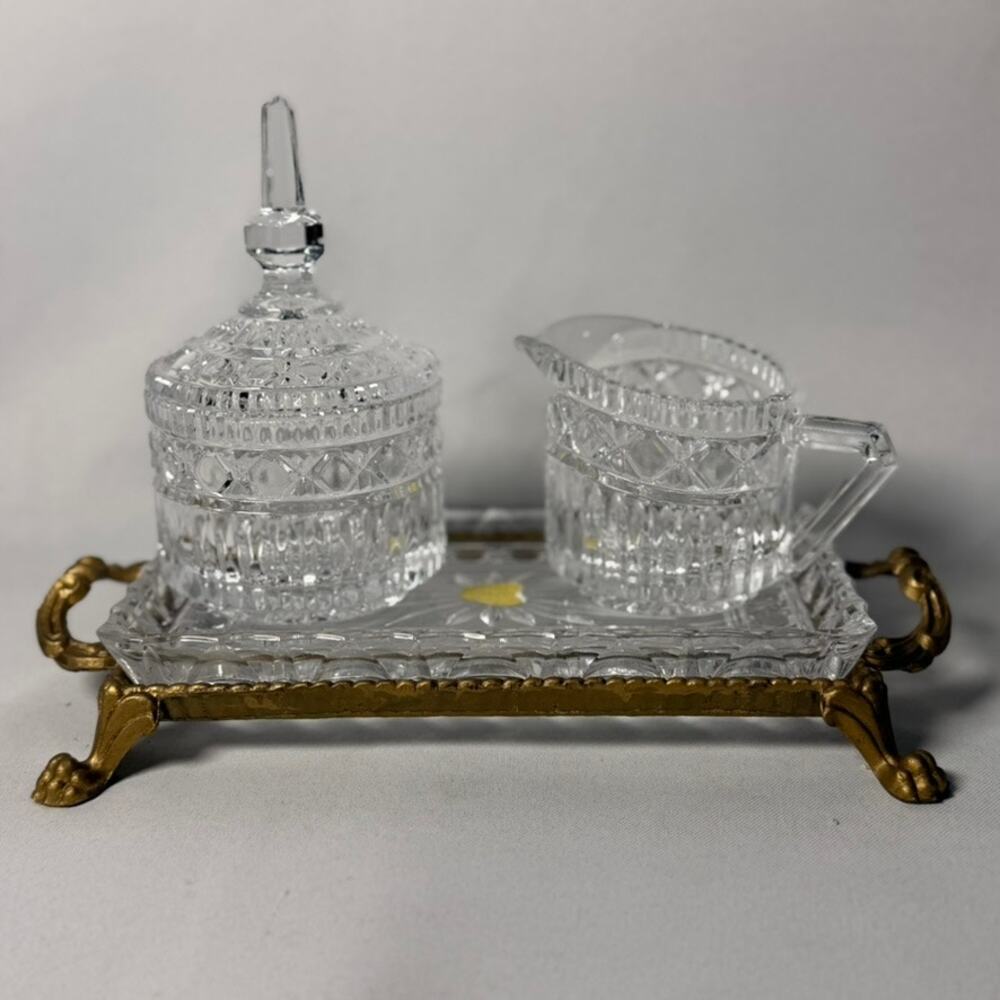 Hollywood Regency Cut Glass Cream & Sugar Set, German Crystal With Footed Tray